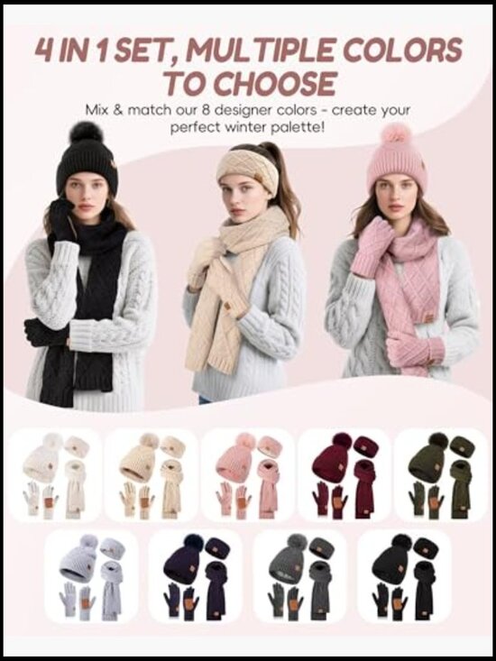 4 Piece Winter Hat Gloves Scarf Headband Set with Pom Pom Beanie Touchscreen main image 3